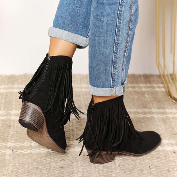 Classic Fringe Black Ankle Booties - Picture 3 of 8